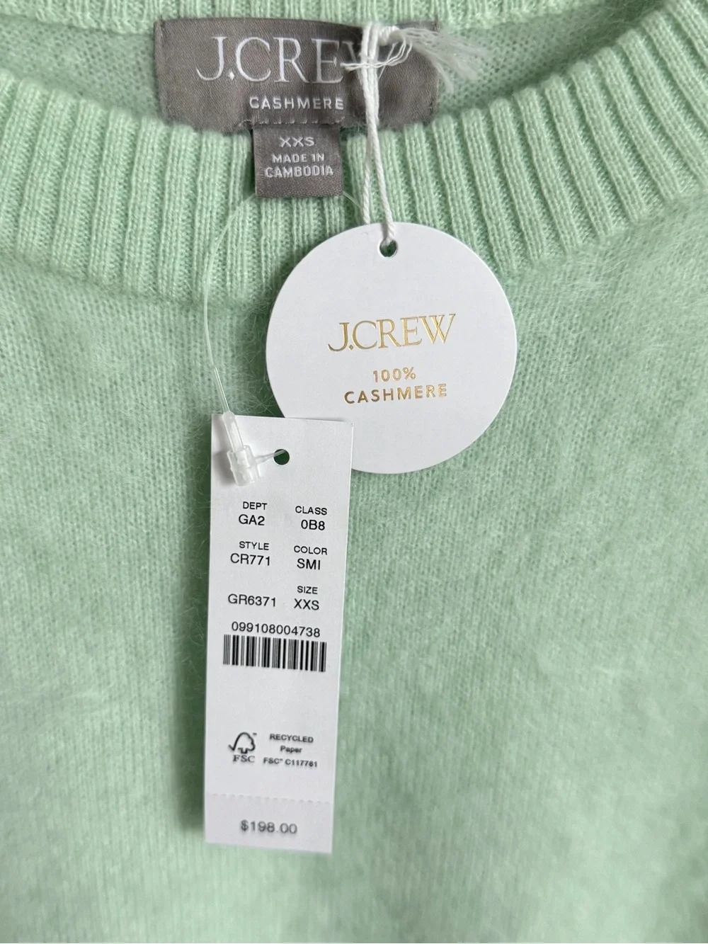 J.Crew 100% Brushed Cashmere Sweater Mint Green Relaxed NWT